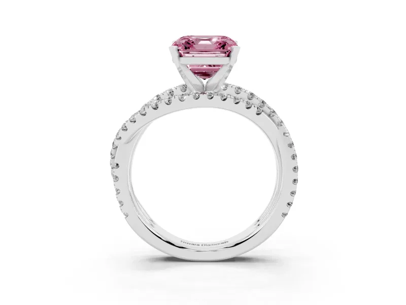 Fancy Pink Asscher Cut Diamond Solitaire Twist Band Ring Set in Platinum with Pavé Setting and Prong Head