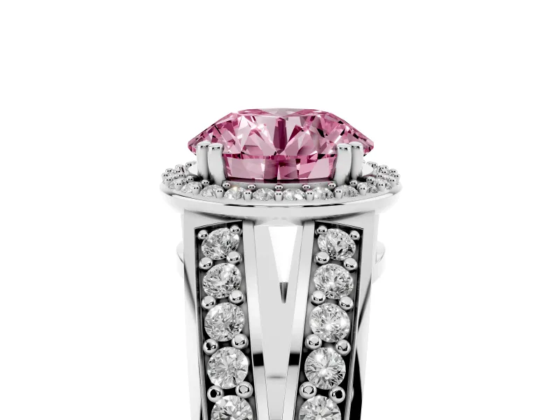 Round Halo Engagement Ring Setting for a Fancy Pink Lab-Grown Diamond | Two-Row Pave Split Shank | Sterling Silver