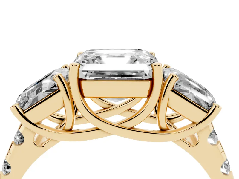 Asscher Cut Three Stone Engagement Ring Setting | Accented Shoulders | Yellow Gold