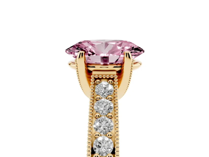 Oval Vintage Hidden Halo Engagement Ring Setting for a Fancy Pink Lab-Grown Diamond | Milgrain Pave Band | Yellow Gold