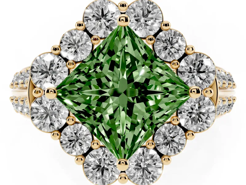 Fancy Green Princess Cut Diamond Halo Engagement Ring Set in Yellow gold with Split Shank and Prong Setting
