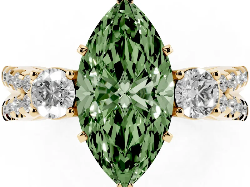 Marquise Three Stone Engagement Ring Setting for a Fancy Green Lab-Grown Diamond | Yellow Gold