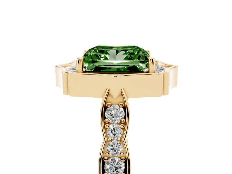 Princess Cut Scalloped Halo Engagement Ring Setting for a Fancy Green Lab-Grown Diamond | Pave Band | Yellow Gold