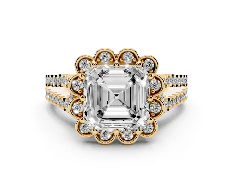 Asscher Cut Diamond Floral Halo Split Shank Engagement Ring Set in Yellow gold with Pavé Shank