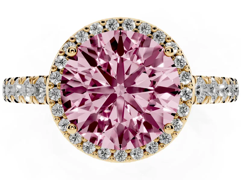 Round Halo Pavé Engagement Ring Setting for a Fancy Pink Lab-Grown Diamond | Yellow Gold