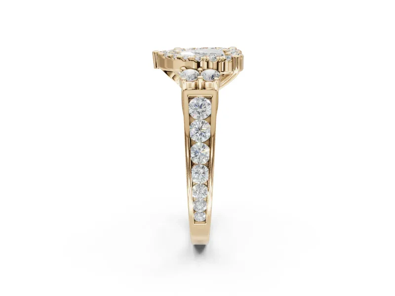 Heart-Shaped Halo Side Cluster Engagement Ring Setting | Graduated Channel Band | Yellow Gold