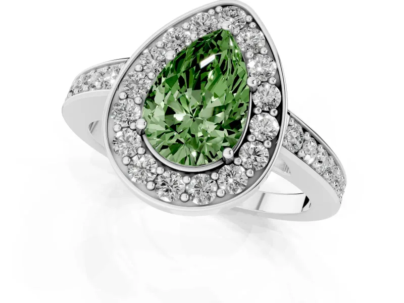 Fancy Green Pear Cut Diamond Halo Pavé Engagement Ring Set in White gold with Bezel Setting