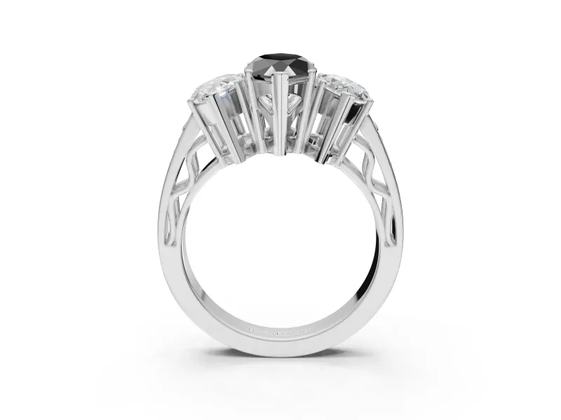 Fancy Black Marquise Lab-Grown Diamond Three-Stone Ring Set in Platinum with Textured Band