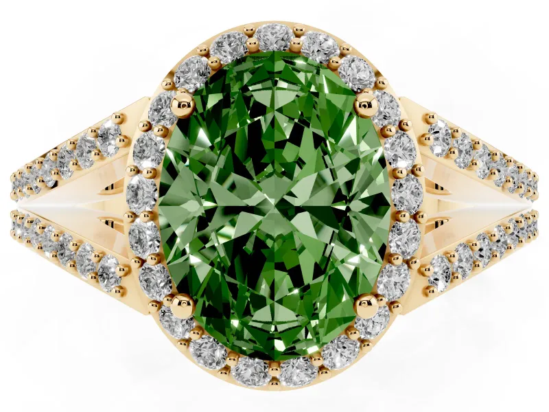 Oval Split Shank Halo Engagement Ring Setting for a Fancy Green Lab-Grown Diamond | Yellow Gold