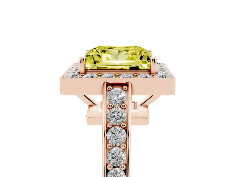 Fancy Yellow Princess Cut Diamond Halo Pavé Engagement Ring Set in Rose gold with Bezel Setting