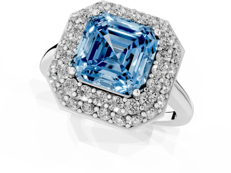 Fancy Blue Asscher Cut Diamond Halo Engagement Ring Set in Silver with Solitaire Band and Prong Setting
