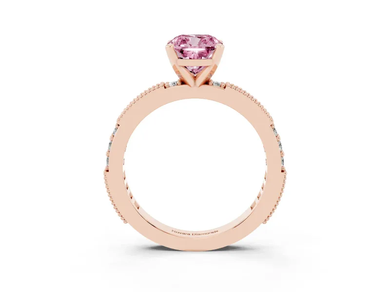 Fancy Pink Cushion Cut Diamond Solitaire Ring Set in Rose gold with Slim Pavé Band and Prong Setting