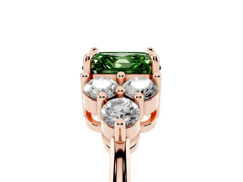 Fancy Green Asscher Cut Diamond Solitaire Ring Set in Rose gold with Cluster Accents on Each Side