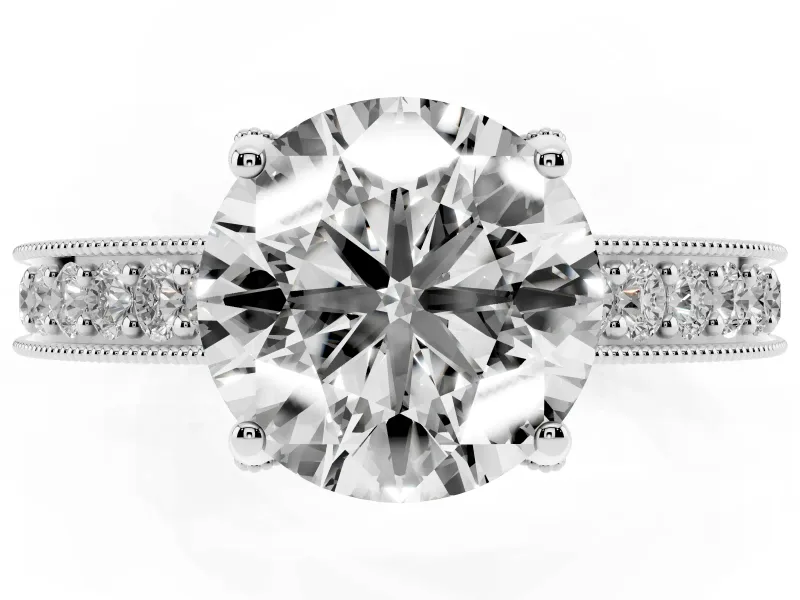 Round Vintage Hidden Halo Engagement Ring Setting | Milgrain Pave Band | Platinum