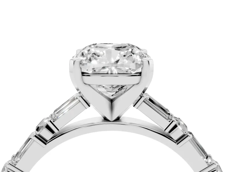 Cushion Cut Baguette Side Stone Engagement Ring Setting | Alternating Accents | White Gold