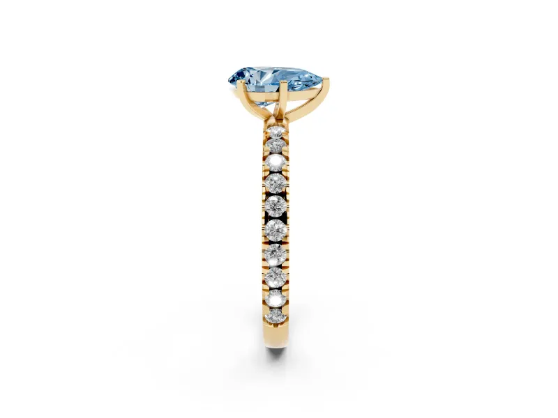 Fancy Blue Pear Cut Diamond Pavé Band Solitaire Set in Yellow gold with Prong Setting