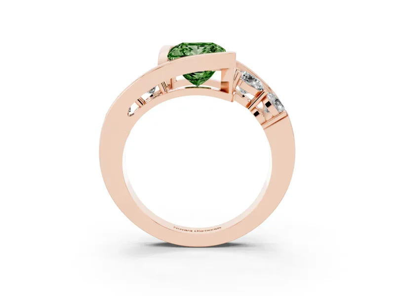Fancy Green Princess Cut Diamond Bezel Bypass Ring Set in Rose gold with Round Accents