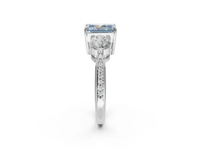 Radiant Cut Three Stone Engagement Ring Setting for a Fancy Blue Lab-Grown Diamond | Tapered Pave Band | Sterling Silver