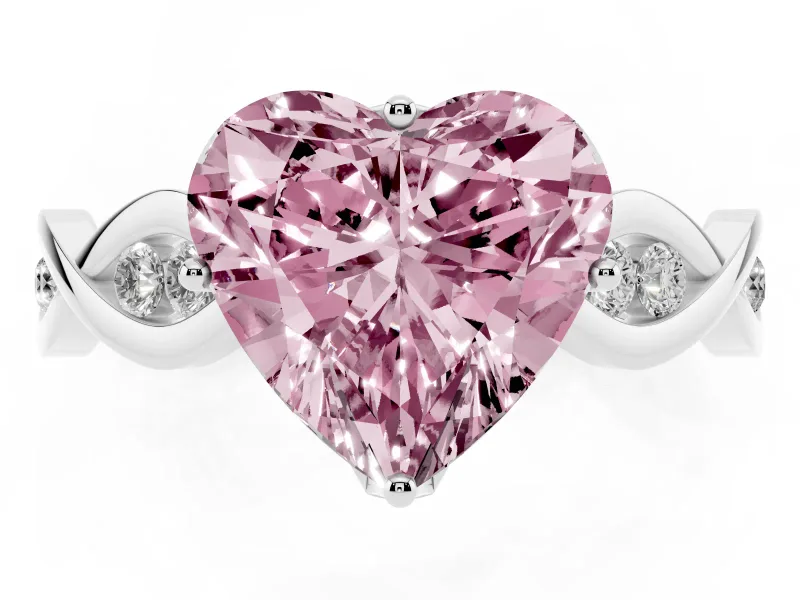 Fancy Pink Heart Cut Diamond Twist Band Solitaire Ring Set in Platinum with Leaf Prong Setting and Accent Stones