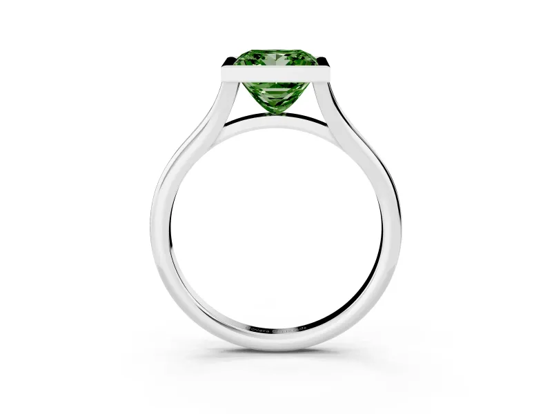 Fancy Green Bezel Set Princess Cut Diamond Solitaire Ring Set in Platinum with Tapered Band