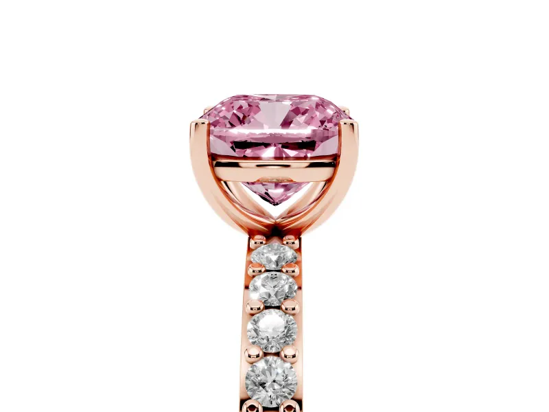 Cushion Cut Pavé Solitaire Engagement Ring Setting for a Fancy Pink Lab-Grown Diamond | Single Row Band | Rose Gold