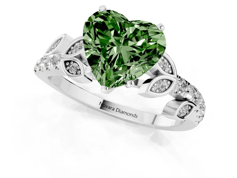 Fancy Green Heart Cut Diamond Solitaire Leaf-Inspired Ring Set in Silver with Pavé Band and Prong Setting