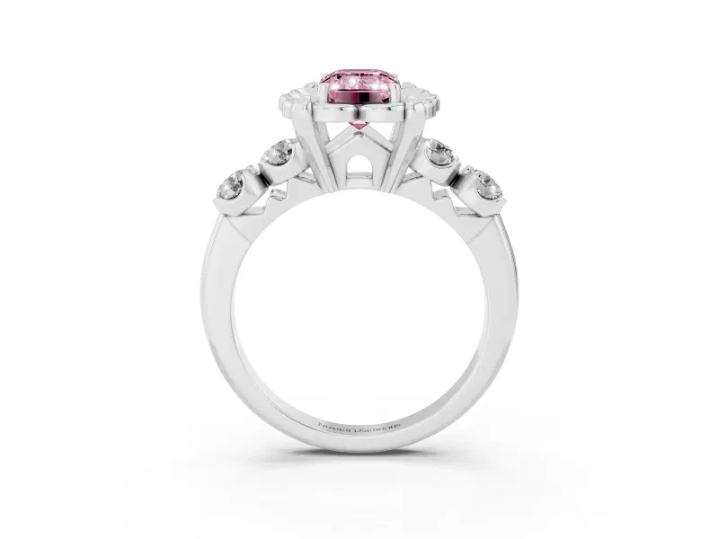 Emerald Cut Floral Engagement Ring Setting for a Fancy Pink Lab-Grown Diamond | Petal Frame and Side Stones | Platinum