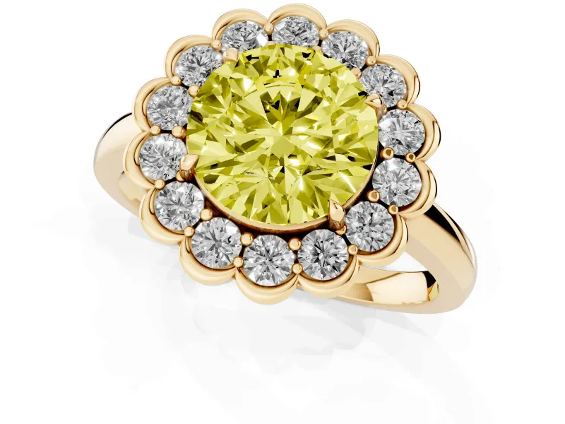 Round Scalloped Cluster Halo Engagement Ring Setting for a Fancy Yellow Lab-Grown Diamond | Plain Band | Yellow Gold