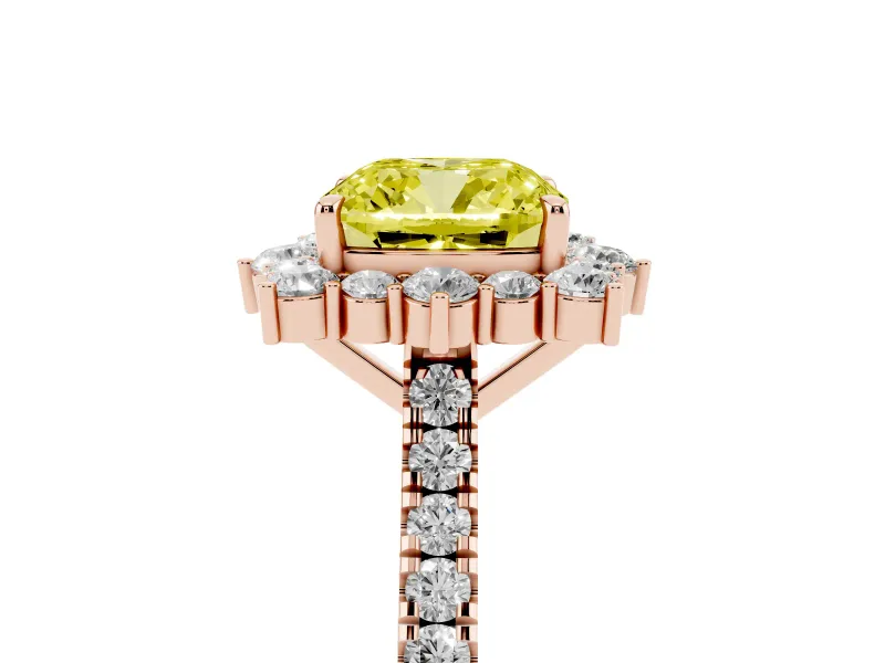 Cushion Cut Scalloped Halo Engagement Ring Setting for a Fancy Yellow Lab-Grown Diamond | Single Row Pave | Rose Gold
