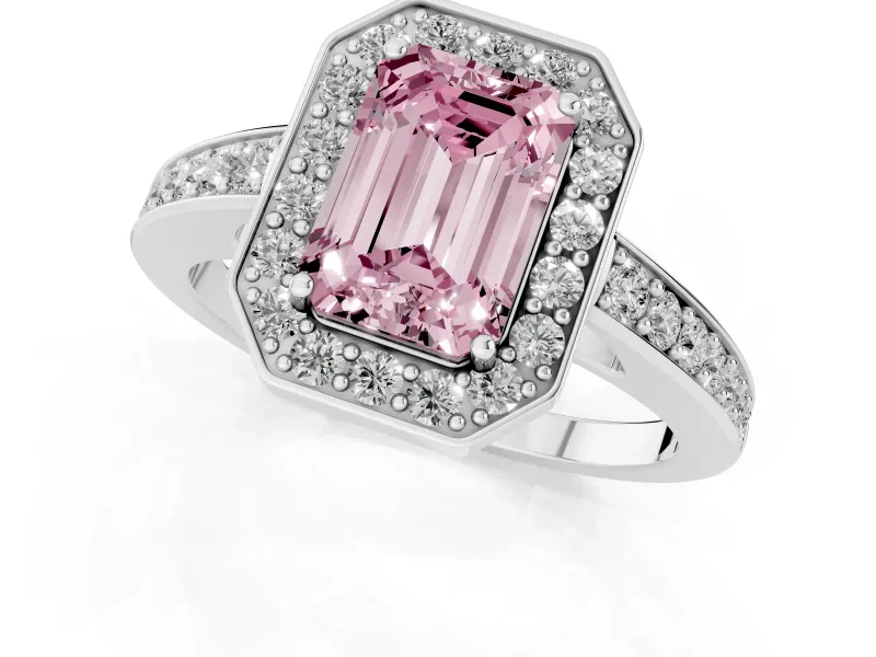 Fancy Pink Emerald Cut Diamond Halo Pavé Engagement Ring Set in Platinum with Bezel Setting