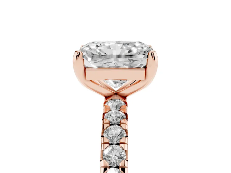 Radiant Cut Diamond Pavé Solitaire Ring Set in Rose gold with Round Band and Prong Setting
