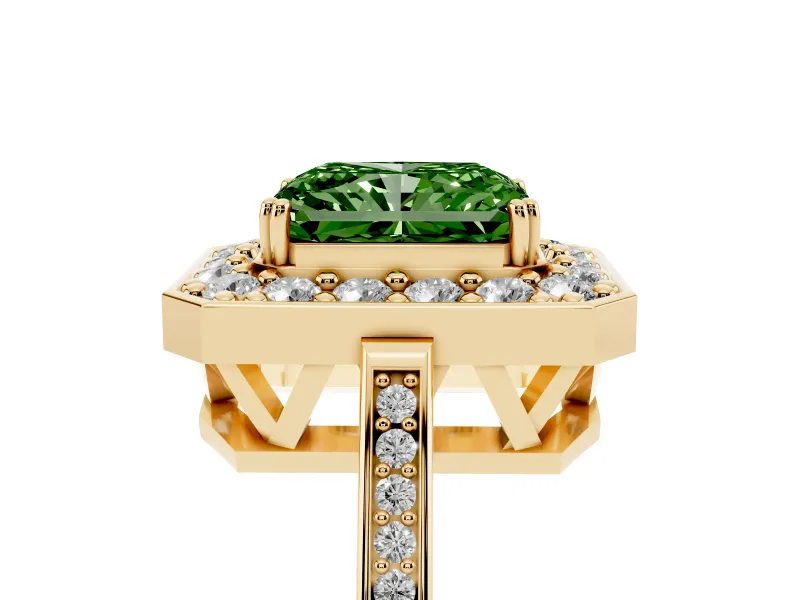 Radiant Cut Halo Engagement Ring Setting for a Fancy Green Lab-Grown Diamond | Polished Halo Rim | Yellow Gold