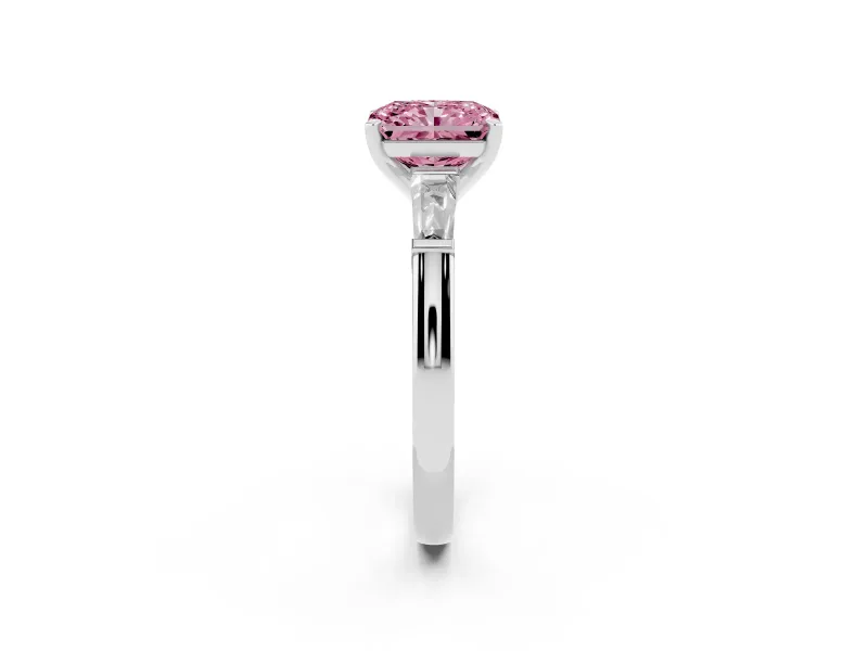 Fancy Pink Radiant Cut Diamond Solitaire Ring Set in Platinum with Tapered Baguette Side Stones and Prong Setting
