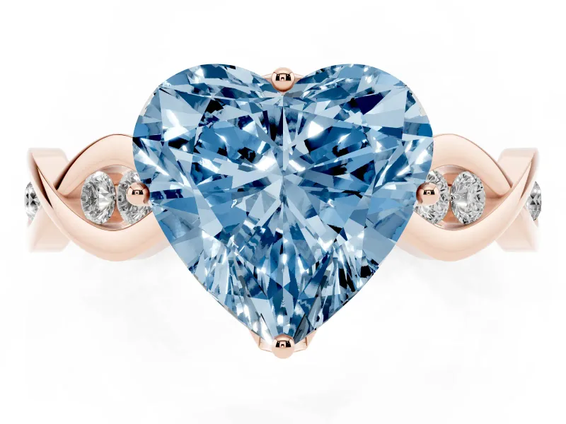 Fancy Blue Heart Cut Diamond Twist Band Solitaire Ring Set in Rose gold with Leaf Prong Setting and Accent Stones