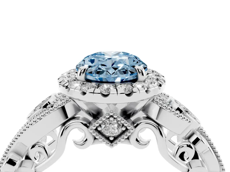 Fancy Blue Oval Cut Diamond Halo Ring Set in Silver with Milgrain Pavé Band and Prong Setting