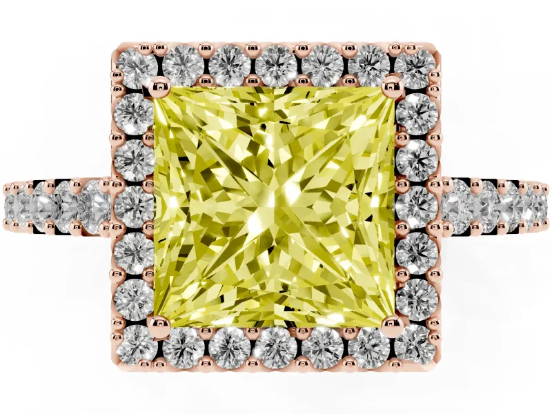 Fancy Yellow Princess Cut Diamond Halo Pavé Solitaire Ring Set in Rose gold with Prong-Set Center Stone
