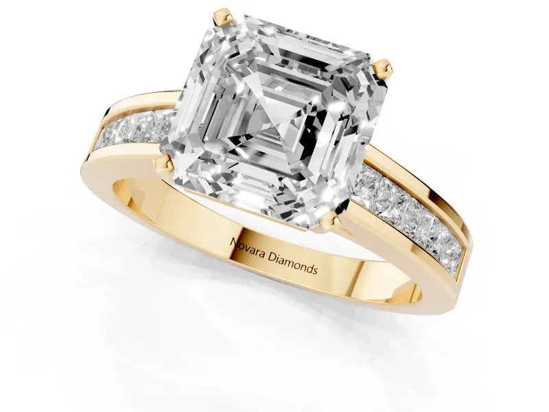 Asscher Cut Diamond Solitaire Ring Set in Yellow gold with Channel-Set Band and Prong Setting