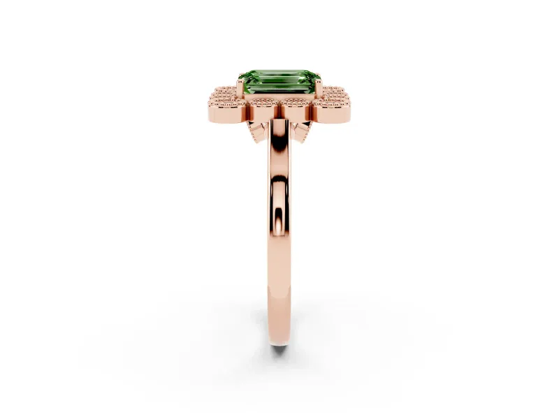 Emerald Cut Milgrain Cluster Halo Engagement Ring Setting for a Fancy Green Lab-Grown Diamond | Plain Band | Rose Gold