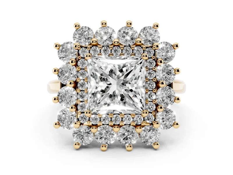 Princess Cut Diamond Floral Double Halo Ring Set in Yellow gold with Round Petals