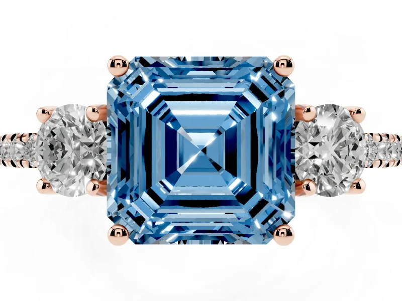 Asscher Cut Three Stone Engagement Ring Setting for a Fancy Blue Lab-Grown Diamond | Pave Shoulders | Rose Gold