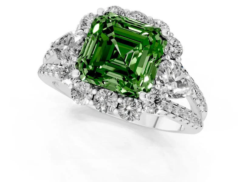 Asscher Cut Scalloped Halo Engagement Ring Setting for a Fancy Green Lab-Grown Diamond | Pear Side Stones | White Gold
