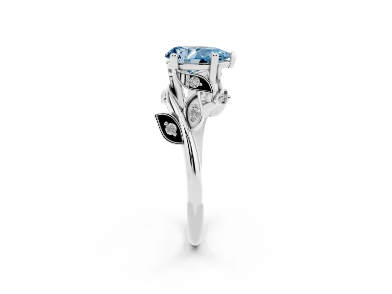 Fancy Blue Pear Cut Diamond Solitaire Twist Engagement Ring Set in Silver with Pavé Leaf Accents