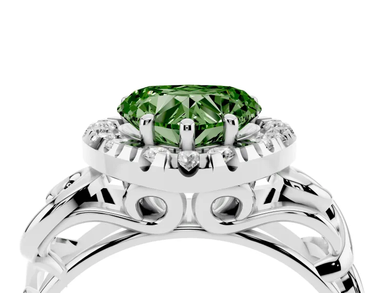 Fancy Green Heart Cut Diamond Halo Ring Set in Silver with Scrollwork Band and Prong Setting