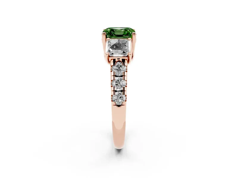 Asscher Cut Three Stone Engagement Ring Setting for a Fancy Green Lab-Grown Diamond | Accented Shoulders | Rose Gold