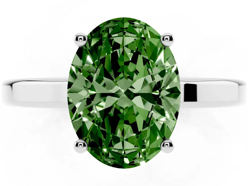 Fancy Green Oval Cut Diamond Solitaire Engagement Ring Set in Silver with Prong Setting on a Plain Band