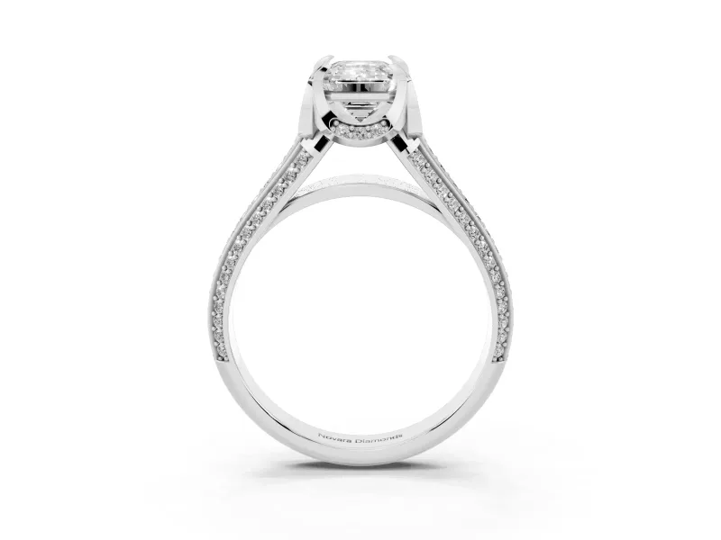Emerald Cut Hidden Halo Engagement Ring Setting | Triple Row Pavé Band | White Gold
