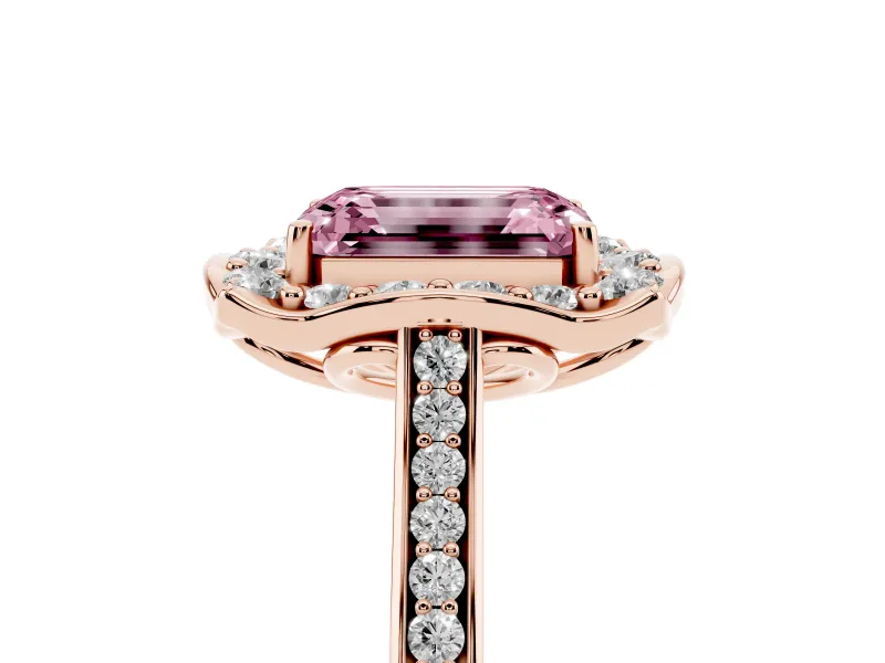 Emerald Cut Halo Engagement Ring Setting for a Fancy Pink Lab-Grown Diamond | Petal Tips | Rose Gold