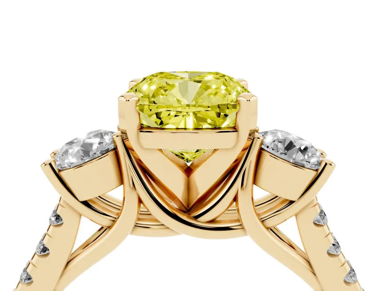 Fancy Yellow Three-Stone Cushion Cut Diamond Pavé Band Ring Set in Yellow gold with Prong-Set Trio