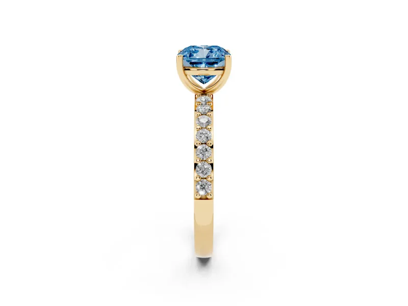 Fancy Blue Cushion Cut Diamond Solitaire Set in Yellow gold with Round Pavé Band and Prong Setting