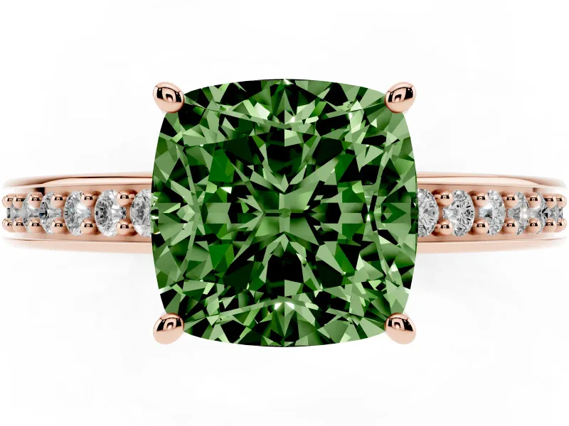 Cushion Cut Pave Solitaire Engagement Ring Setting for a Fancy Green Lab-Grown Diamond | Accented Basket | Rose Gold